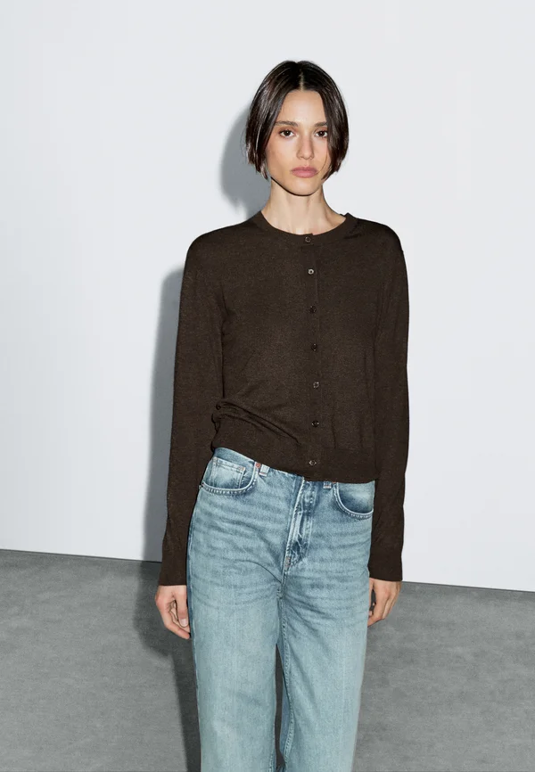 BUTTONED WITH CREW NECK - Strickjacke - mottled dark brown