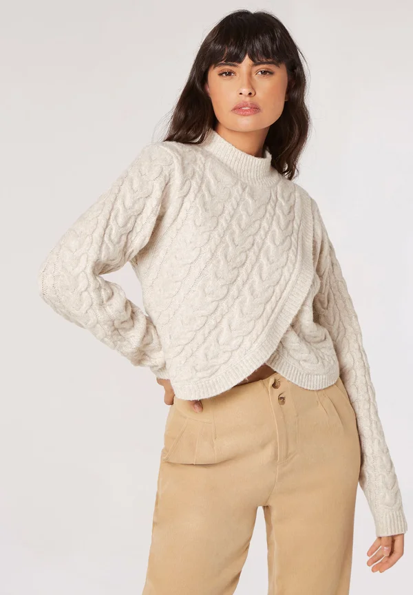 CABLE CROPPED WRAP  - Strickpullover - stone