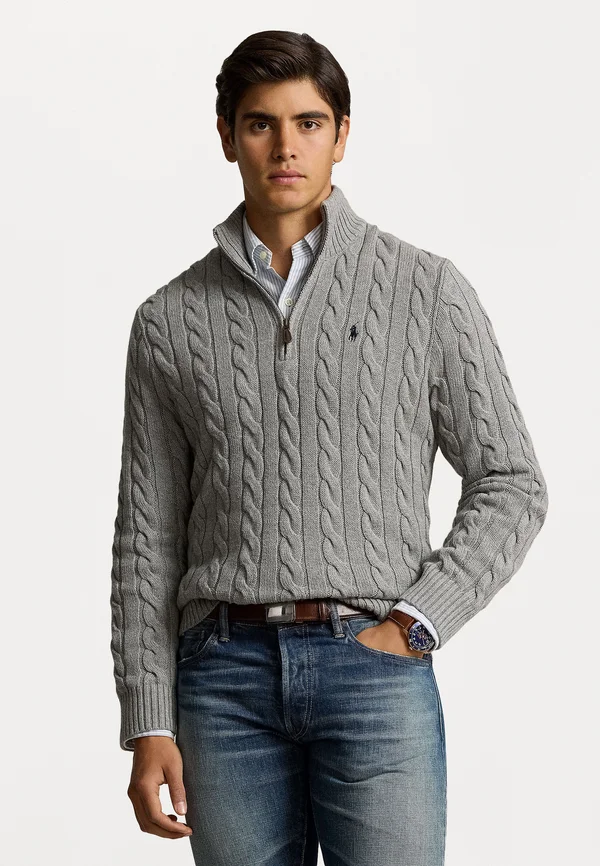 CABLE KNIT COTTON QUARTER ZIP SWEATER - Strickpullover - fawn grey heather