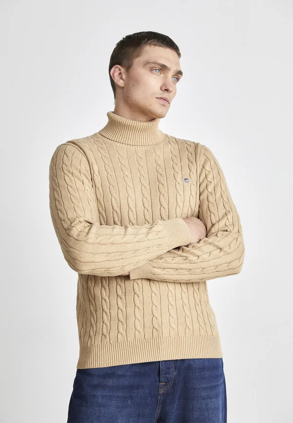 CABLE TURTLE NECK - Strickpullover - khaki mel
