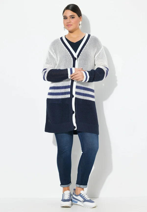 COLORBLOCK STRIPED LONGLINE OPENWORK - Strickjacke - off-white