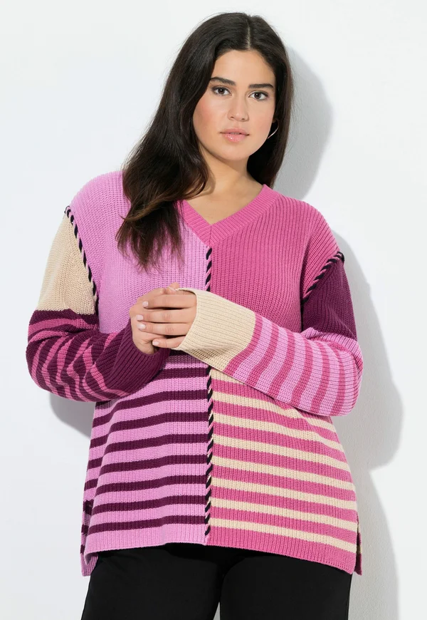 COLORBLOCKING V-AUSSCHNITT LANGARM - Strickpullover - raspberry