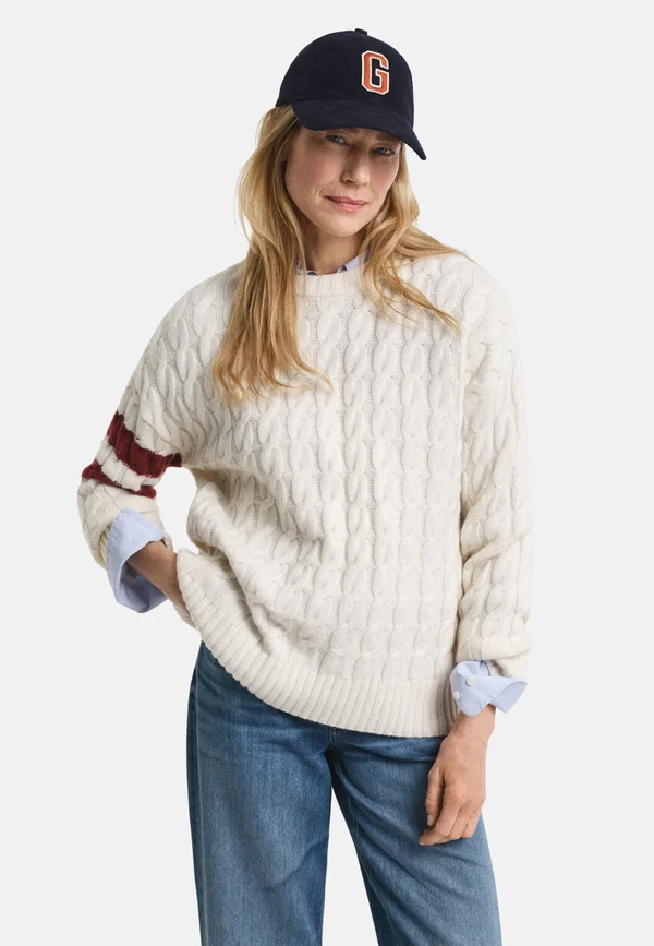 CONTRAST STRIPED CABLE  C-NECK - Strickpullover - cream