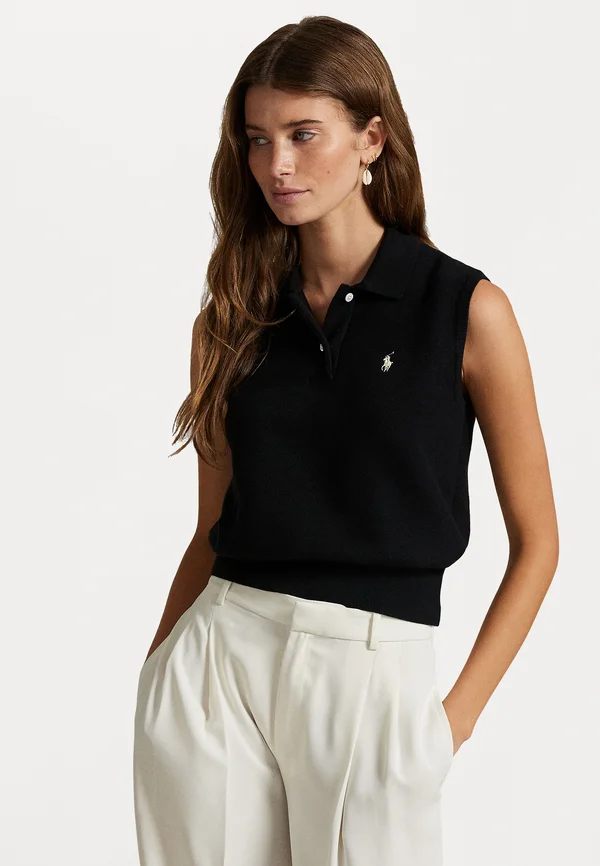 COTTON CROPPED SLEEVELESS POLO JUMPER - Strickpullover - black