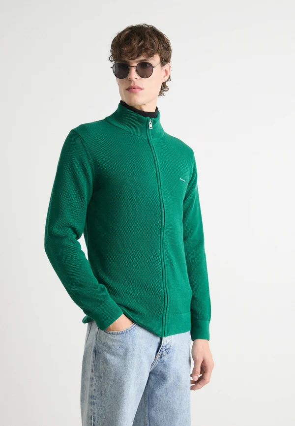 COTTON ZIP CARDIGAN - Strickjacke - deep forest green
