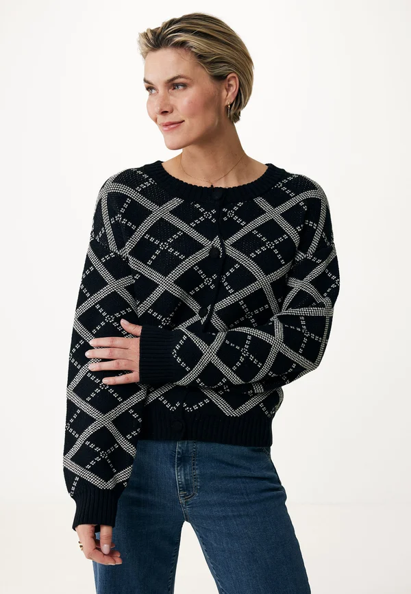 CREW NECK WITH ARGYLE PATTERN - Strickjacke - deep black