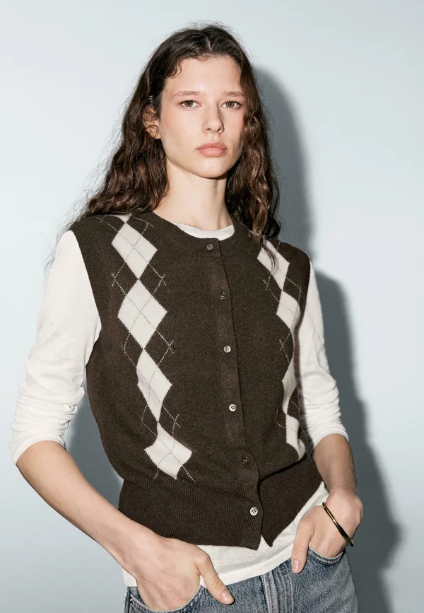 CREW NECK WITH DIAMOND PATTERN - Strickjacke - mottled dark brown