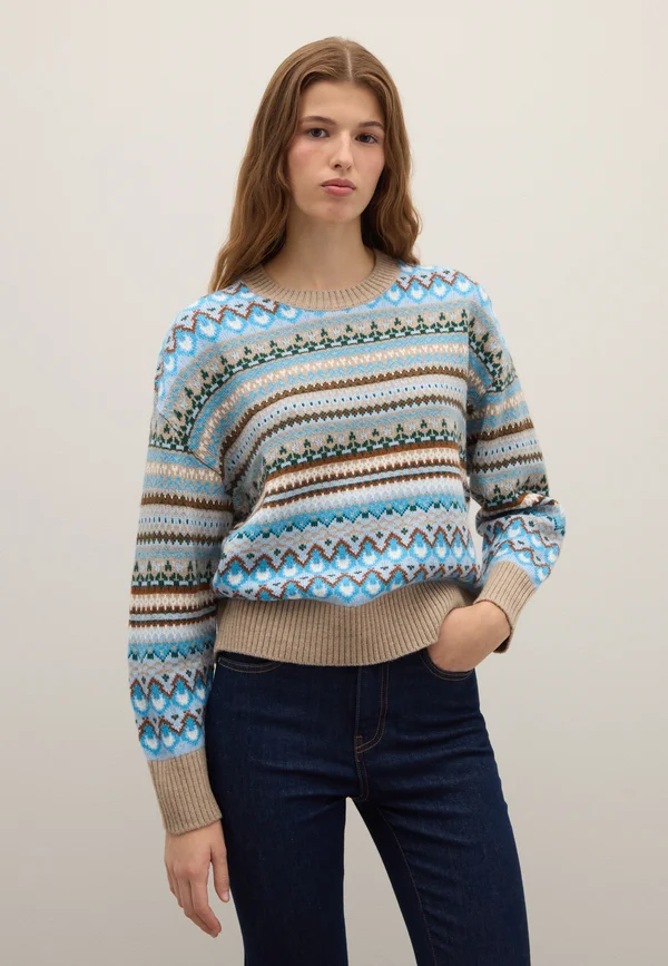 CREW NECK WITH GEOMETRIC PATTERN, REGULAR FIT - Strickpullover - light blue beige