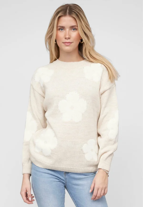CREWNECK WITH FLOWERS - Strickpullover - beige
