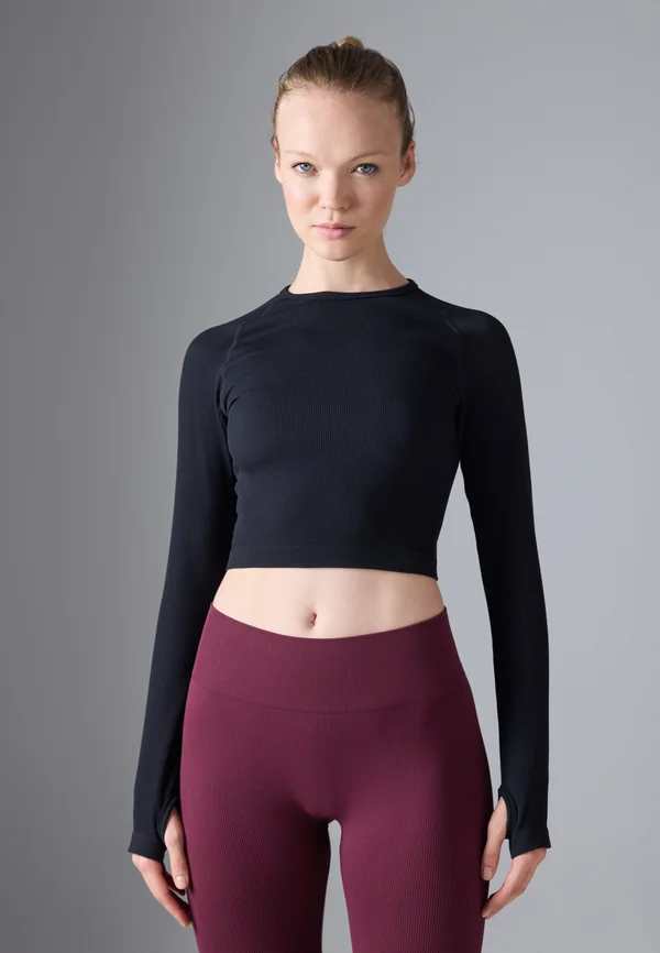 CROPPED LONG SLEEVE FINE RIB SEAMLESS TOP - Langarmshirt - black