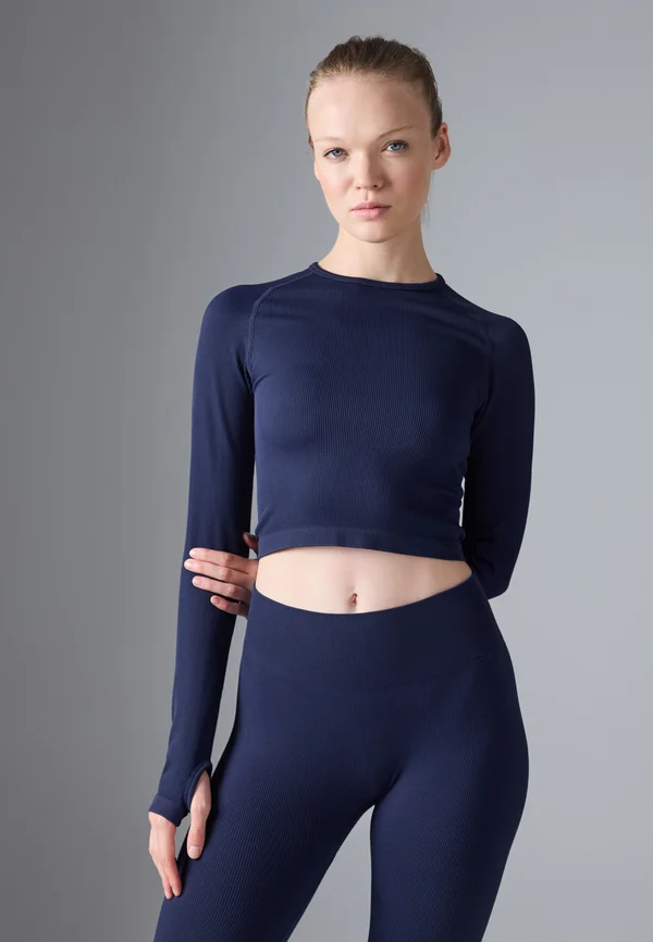 CROPPED LONG SLEEVE FINE RIB SEAMLESS TOP - Langarmshirt - dark blue