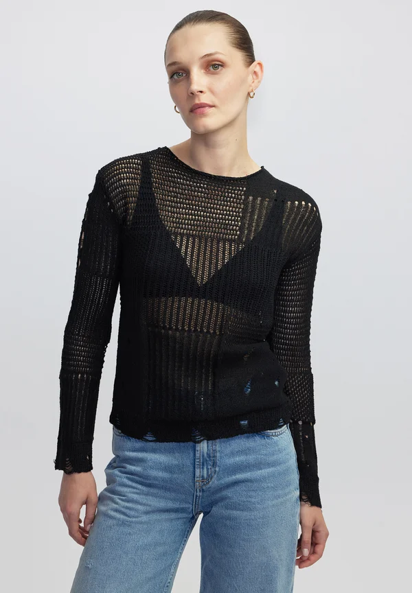 DISTRESSED EFFECT OPENWORK - Strickpullover - black