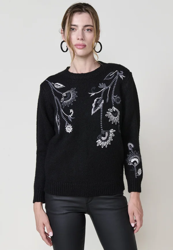EMBROIDERED FLORAL  - Strickpullover - black
