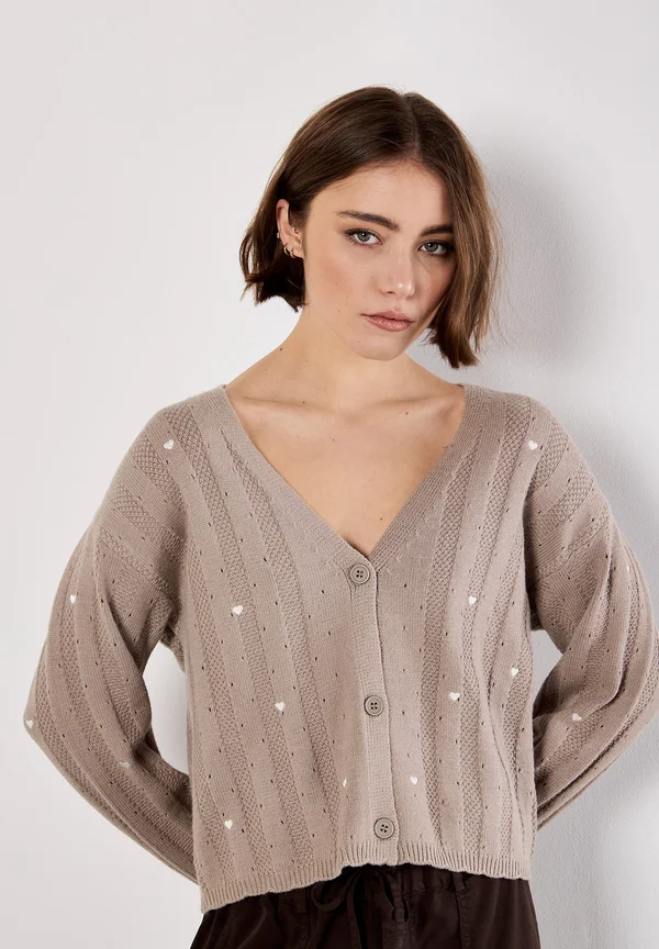 EMBROIDERED HEART POINTELLE - Strickjacke - brown