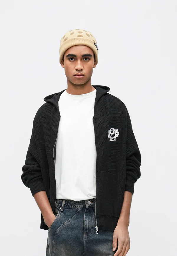 EMBROIDERY FRONT ZIP - Strickjacke - black