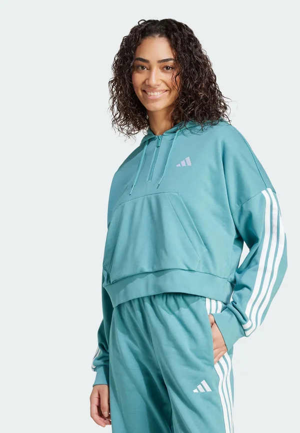 ESSENTIALS 3-STRIPES QUARTER-ZIP - Kapuzenpullover - powder teal white