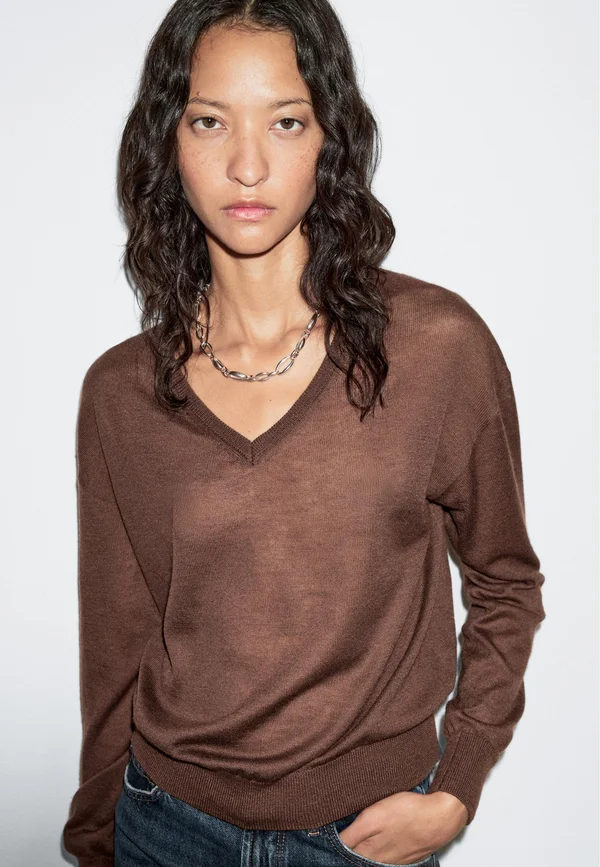 FINE SEMI-SHEER WITH V-NECK - Strickpullover - brown