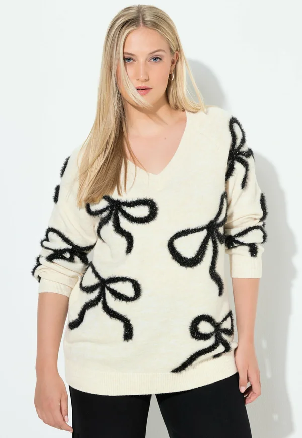 GLITZER-SCHLEIFEN, V-AUSSCHNITT, LANGARM - Strickpullover - chalk