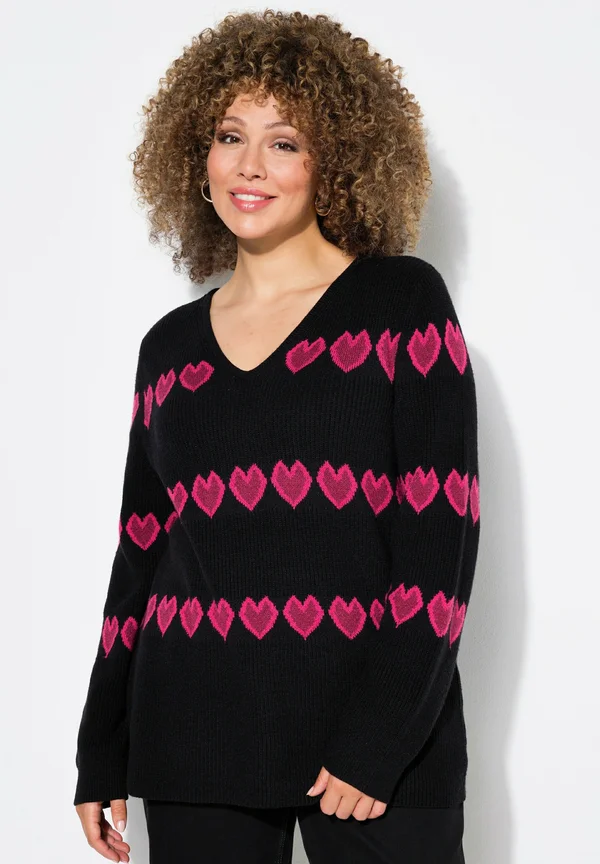 HEART PRINT LONG SLEEVE V-NECK - Strickpullover - black