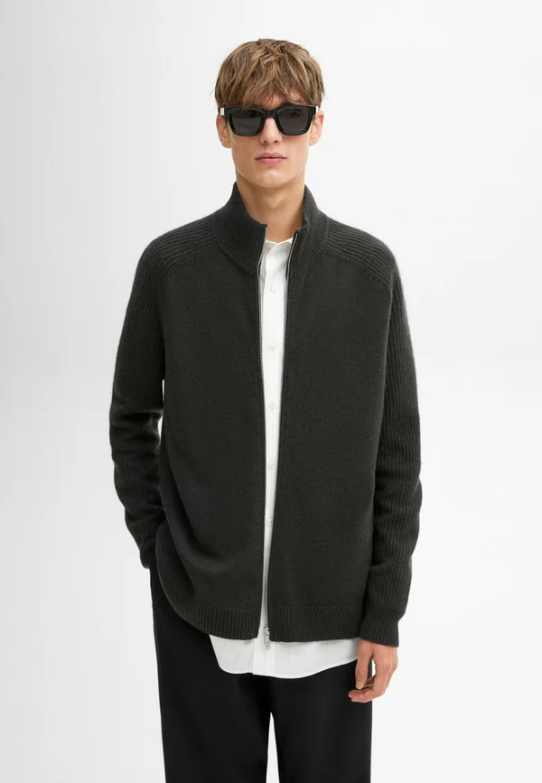 HIGH NECK - Strickjacke - mottled dark grey
