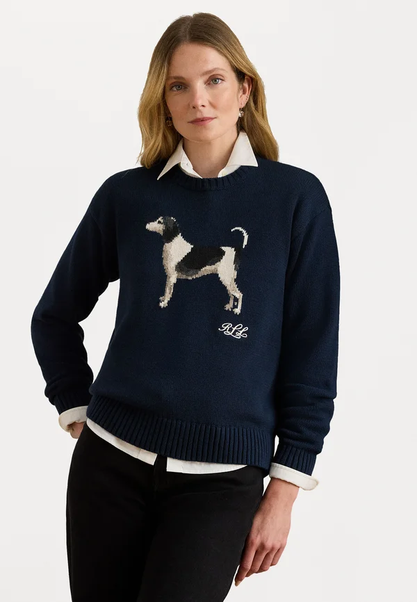 INTARSIA KNIT DOG COTTON SWEATER - Strickpullover - navy