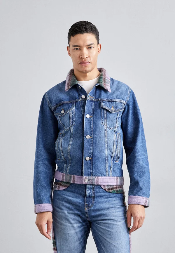 JACKET WITH TARTAN DETAILS - Jeansjacke - stonewash blue/twilight purple/green