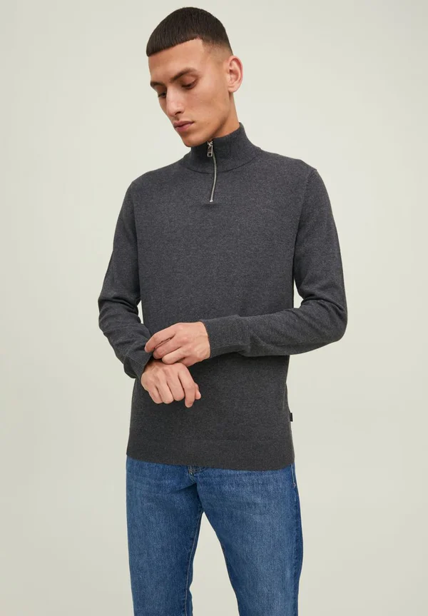 JJEEMIL HALF ZIP - Strickpullover - dark grey melange