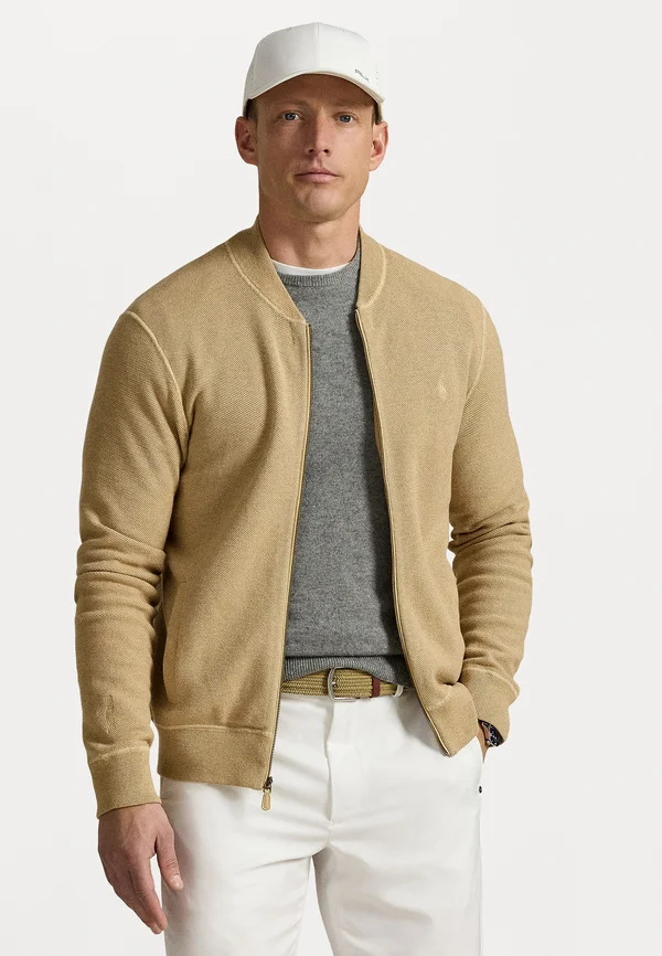 KNIT COTTON FULL-ZIP SWEATER - Sweatjacke - camel combo