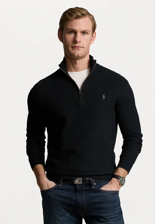 KNIT COTTON QUARTER-ZIP SWEATER - Strickpullover - black