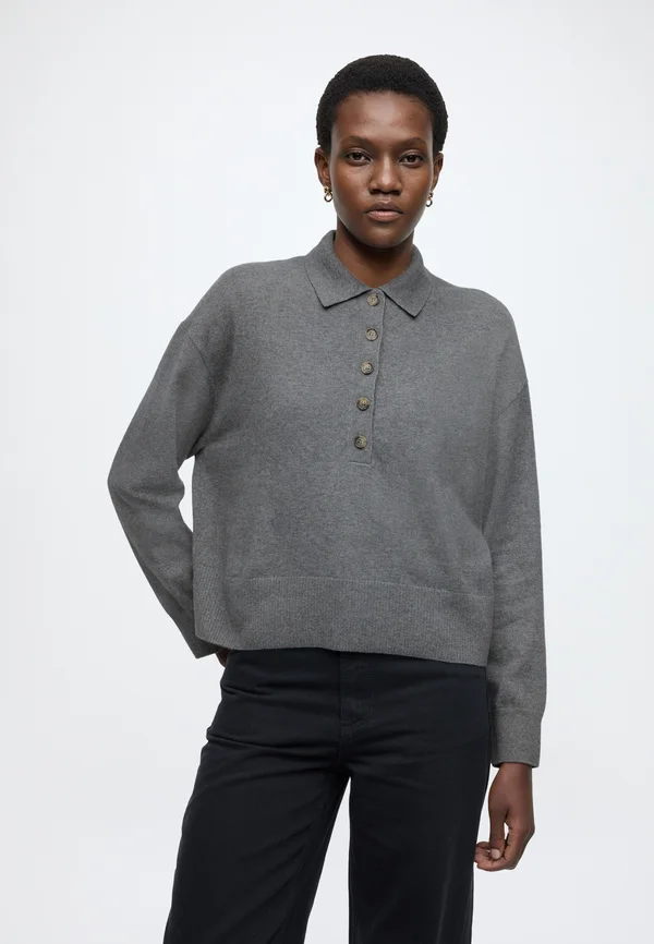 KNIT POLO PULLOVER, LONGSLEEVE, BUTTONS - Strickpullover - asphalt melange
