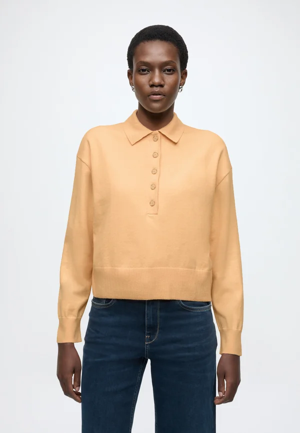 KNIT POLO PULLOVER, LONGSLEEVE, BUTTONS - Strickpullover - medium orange_melange_01