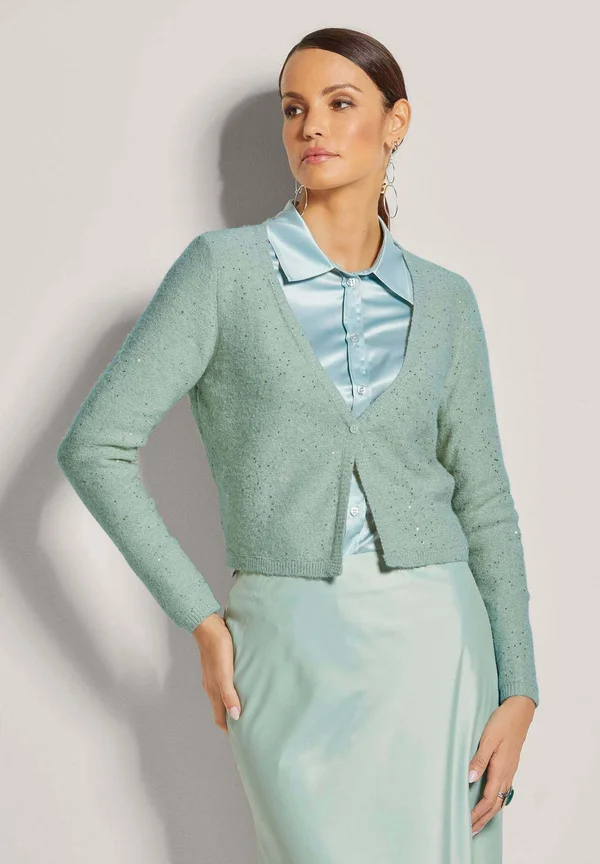 KURZE MIT PAILLETTEN-GLANZ - Strickjacke - sage green silver