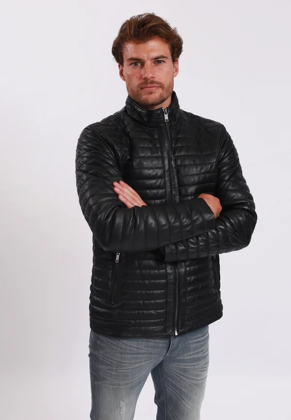 LEATHER JACKET WITH ROUND COLLAR - 2 ZIPPED SIDE POCKETS O - Lederjacke - black
