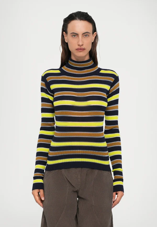 LINE TURTLENECK - Strickpullover - dark-blue denim/camel