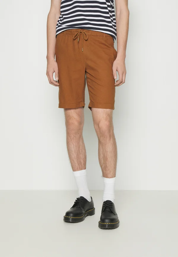 LINEN BLEND DRAWCORD SHORTS  - Shorts - brown