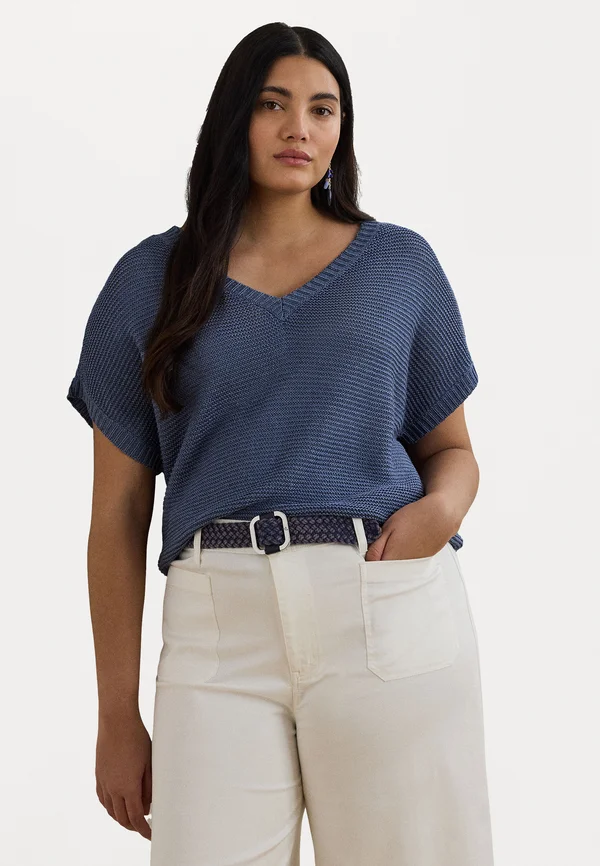 LINEN-BLEND SHORT-SLEEVE V-NECK JUMPER - Strickpullover - capri blue