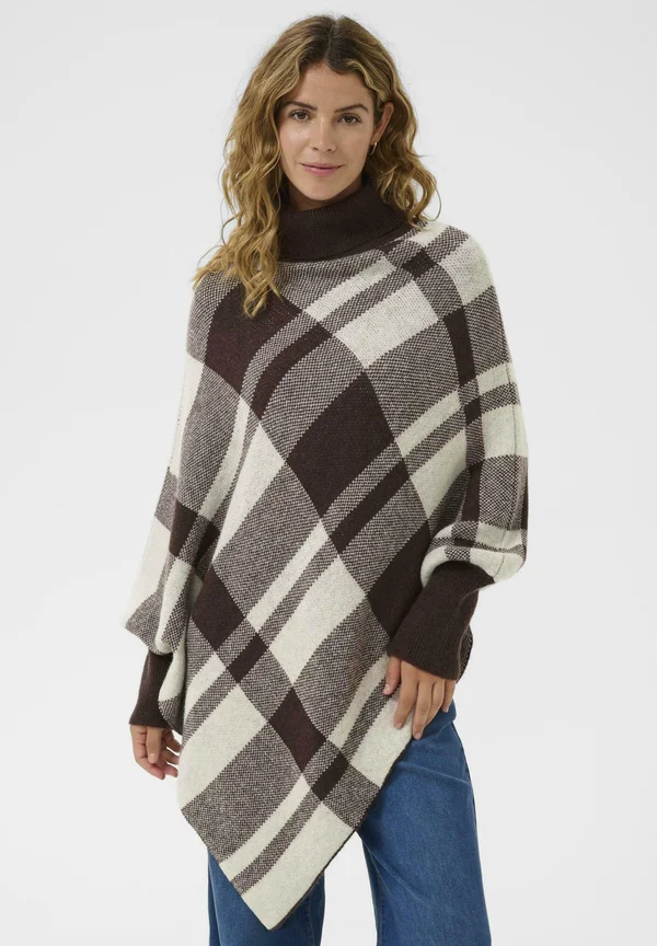 LIVIA PONCHO - Strickpullover - dark brown/white check