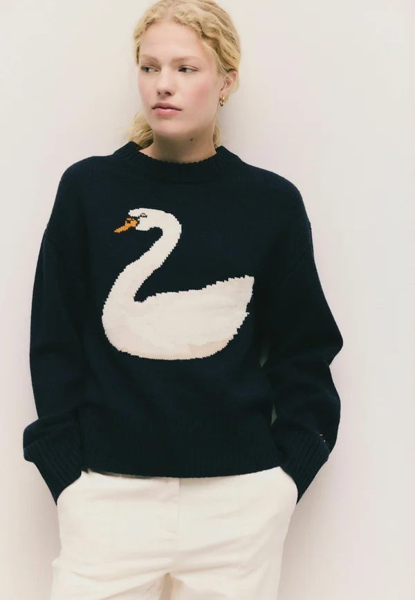 LONG SLEEVE CREW NECK  - Strickpullover - navy blue swan graphic