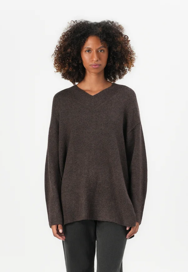 LONG V NECK PULLOVER - Strickpullover - soft chocolate brown melange