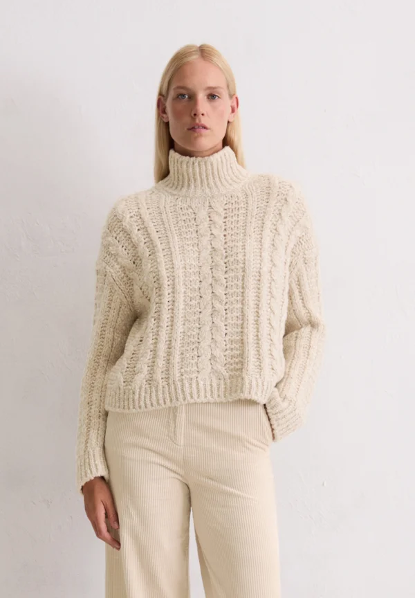 LONGSLEEVE STAND UP COLLAR CABLE - Strickpullover - natural stone