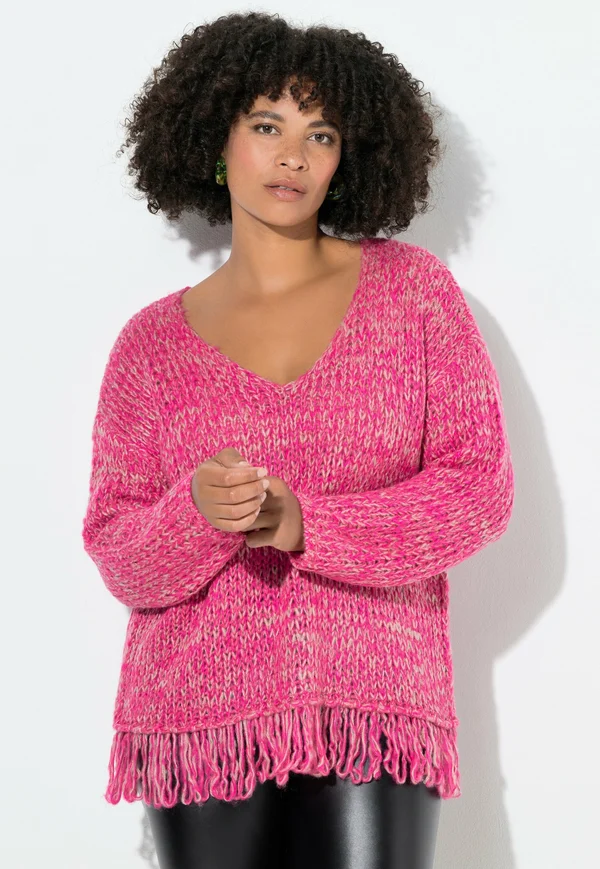 LOOSE FIT  FRANSEN AM SAUM - Strickpullover - neon berry