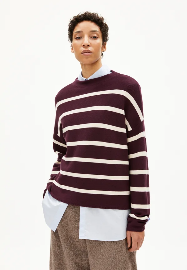 MERINAA STRIPES - Strickpullover - dark cranberry-oatmilk