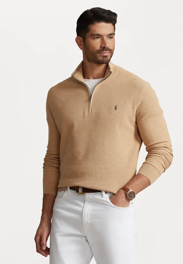 MESH-KNIT COTTON QUARTER-ZIP SWEATER - Strickpullover - camel melange