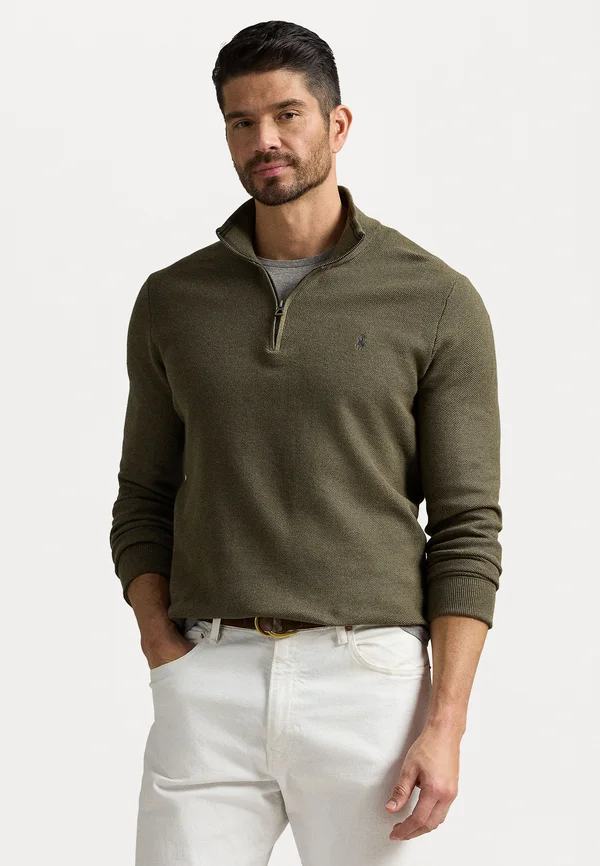 MESH-KNIT COTTON QUARTER-ZIP SWEATER - Strickpullover - cargo olive heather