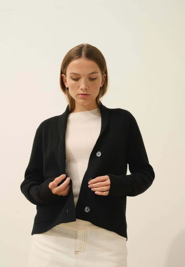 MILA BUTTONED WITH SHAWL COLLAR - Strickjacke - black