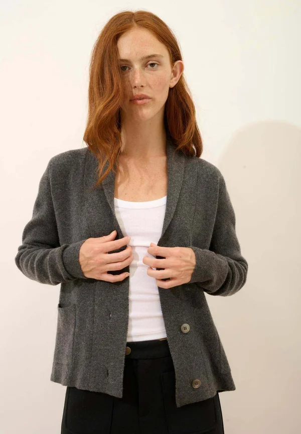 MILA BUTTONED WITH SHAWL COLLAR - Strickjacke - heather anthracite