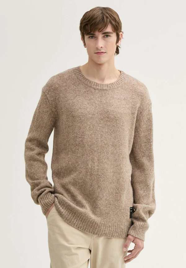 MIT RUNDHALSAUSSCHNITT - Strickpullover - wool white fancy structure