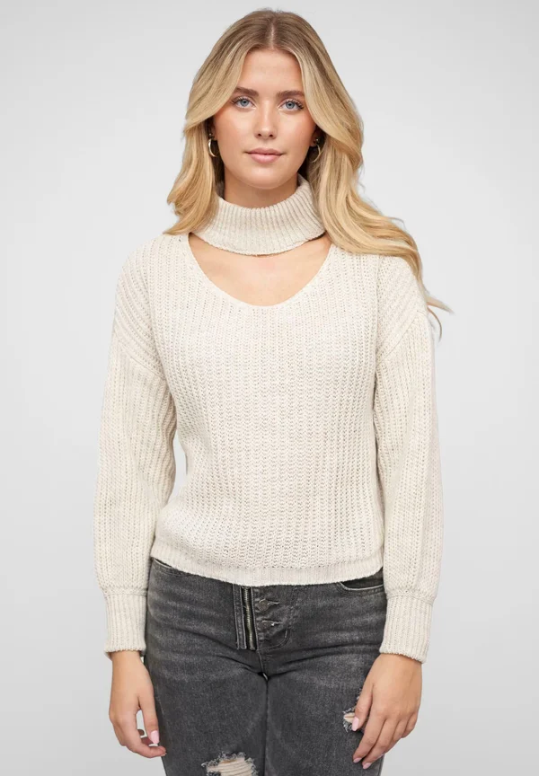 MIT STEHROLLKRAGEN UND V-AUSSCHNITT - Strickpullover - beige