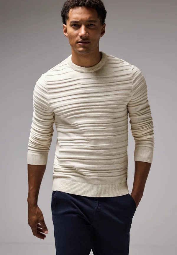 MIT STRUKTURSTREIFEN - Strickpullover - beige