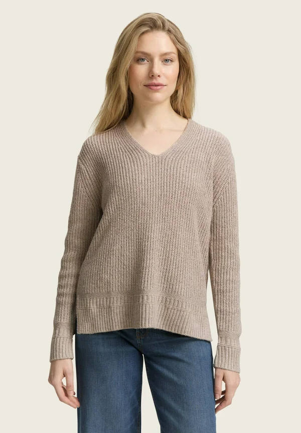 MIT V-AUSSCHNITT - Strickpullover - soft taupe melange